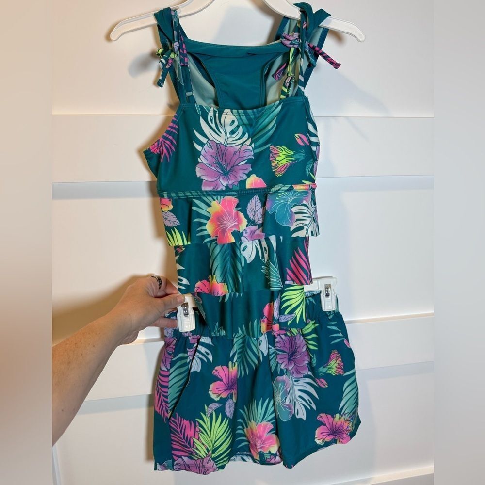 Girls Justice 3 piece set swim suit teal and floral and shorts size Large
